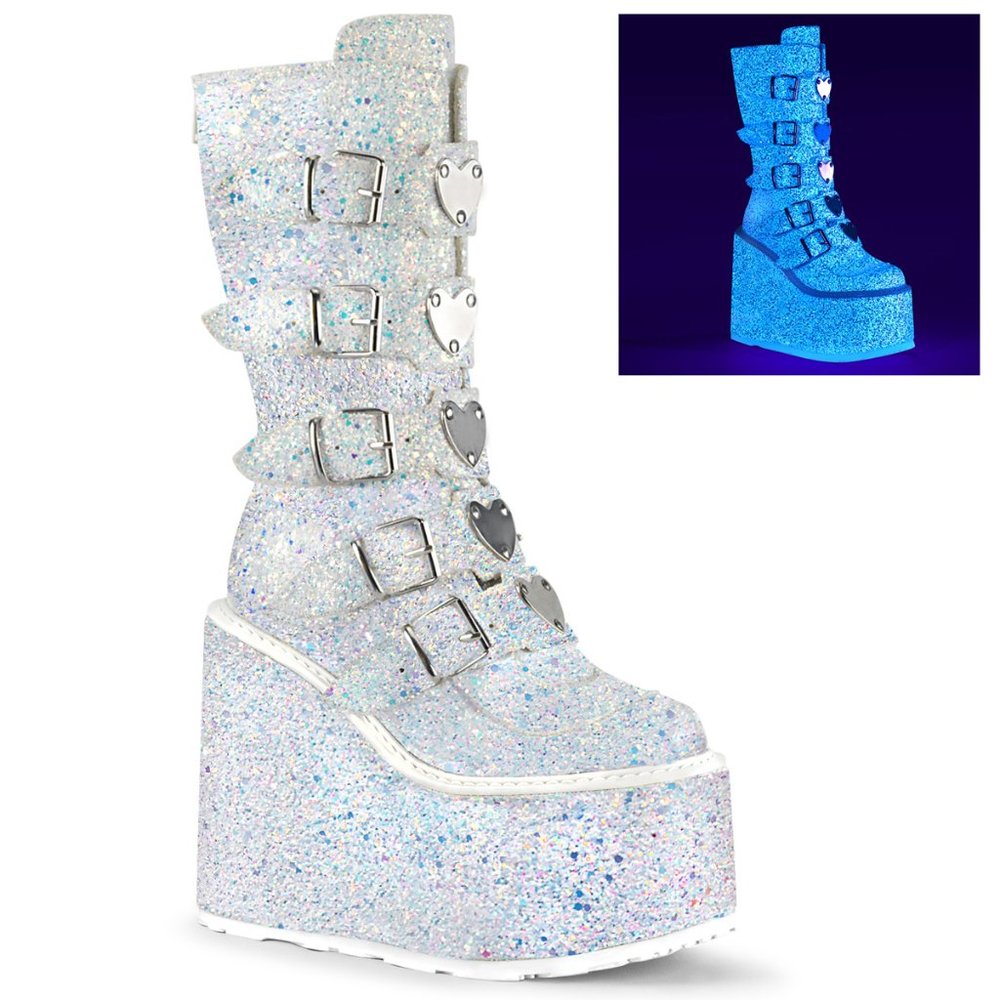 Demonia Glitter Platform Boots - Silver